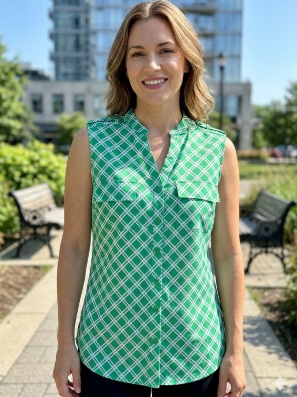 Notations Green & White Diamond-Print Sleeveless Blouse